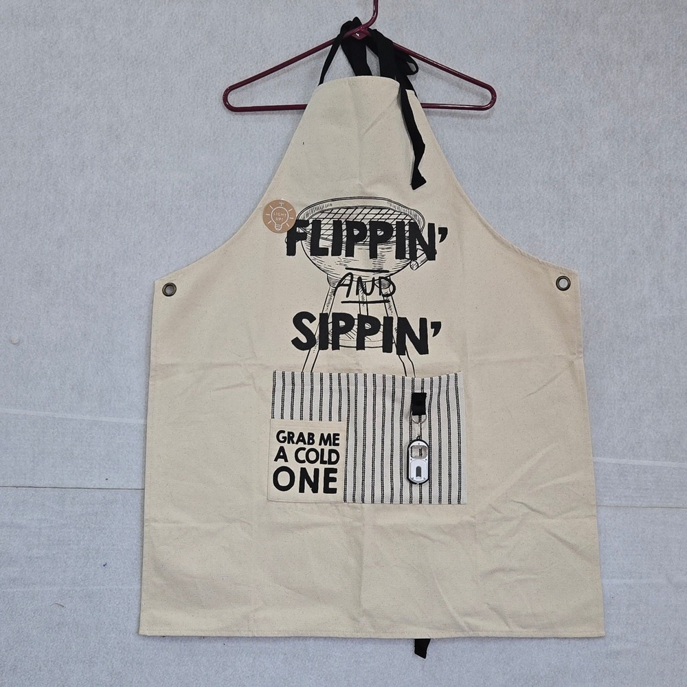 Mud Pie Flippin and Sippin Canvas BBQ Apron with Bottle Opener Light Up One Size